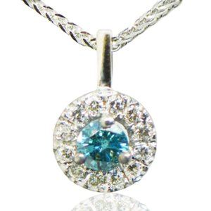 Blue Diamond Halo Pendant Necklace Round 14K White Gold 0.33 TCW